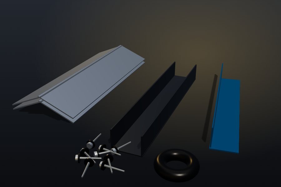 Ilustração 3D do kit: cumeeira, calha, rufo, parafusos e fita