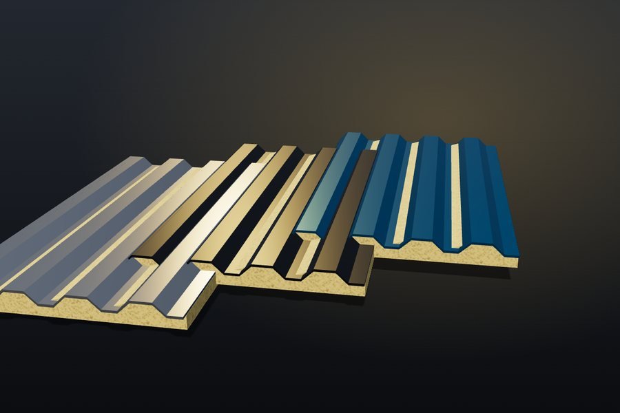 Ilustração 3D da telha meio sanduíche: capa de aço com EPS por baixo